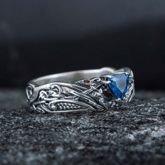 💝 High Quality Carved Dainty Triangle Blue Stone Ring for Women, PD613 - Picture 5 of 8